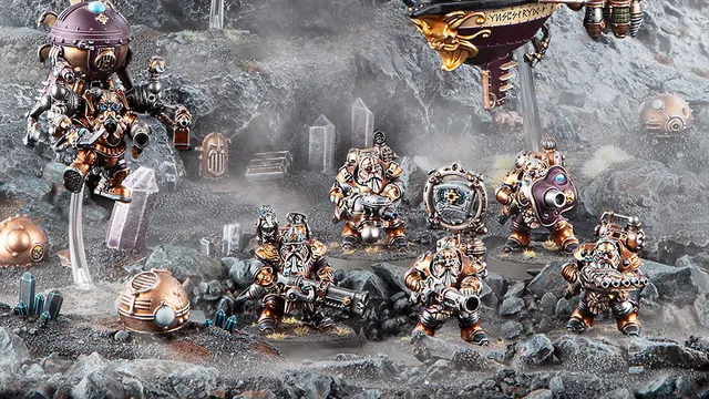 A group of Kharadron Overlords, depicted as flying dwarves in intricate nullsuits, stands on a rocky terrain. They are equipped with various steampunk-inspired weapons and gadgets, showcasing a mix of bronze and metallic colors. In the background, an airship hovers above, adding to the adventurous atmosphere of the scene.