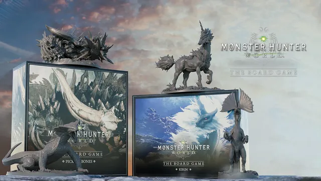 A detailed display features two intricately designed monster miniatures from the Monster Hunter World board game: the Kirin, resembling a unicorn with a dragon-like body, and the Tzitzi-Ya-Ku, which has a distinctive frill and a dynamic pose. In the background, the game box is visible, showcasing artwork of the Kirin and the title "MONSTER HUNTER WORLD: THE BOARD GAME." The overall color palette includes muted tones, enhancing the fantasy theme of the game.