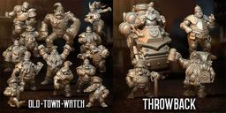 A collection of fantasy football miniatures features a squad from the Old Watch Town team, including three police dwarves, a dwarf blitzer, and two police halflings. A wooden golem and two star players, Klarice and the Judge, are also present. On the right, a selection of Throwback models showcases previous releases, highlighting the diverse range of characters in this expansion.