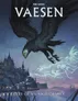 A large, ominous black bird with glowing yellow eyes soars through a twilight sky, its wings spread wide. Below, a dark silhouette of a Gothic cityscape features pointed towers and intricate architecture, hinting at a mysterious atmosphere. Ethereal, ghostly figures appear to float in the air, enhancing the eerie tone of the scene, while the title "VAESEN" is prominently displayed at the top.