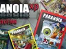 A collection of tabletop roleplaying game PDFs from Mongoose Publishing's ParanoiaXP is displayed, featuring several book covers prominently. The covers include "Paranoia XP," "Alpha Complex," and "Crash Priority," each showcasing vibrant artwork that reflects the game's dark humor and futuristic themes. The background features a metallic surface, enhancing the sci-fi aesthetic of the scene.