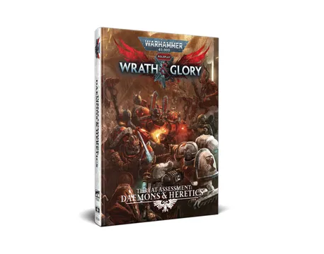 A physical edition of "Warhammer 40,000: Wrath & Glory, Threat Assessment: Daemons & Heretics" is displayed, featuring a striking cover illustration. The artwork depicts various Chaos forces, including armored figures and menacing creatures, set against a dark, chaotic background. The title is prominently featured at the top, with the subtitle "Threat Assessment: Daemons & Heretics" displayed at the bottom, emphasizing the book's focus on the forces of Chaos in the Warhammer 40,000 universe.