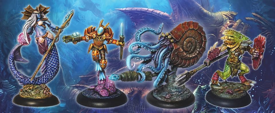 A vibrant underwater scene features four intricately designed miniatures from the game DeepWars. On the left, a mermaid with a flowing tail and a trident stands poised, while next to her, a steampunk diver in ornate armor brandishes a weapon. The third figure is a tentacled creature wielding a harpoon, and on the far right, a colorful, armored being with a shell-like back holds a spear. The background showcases a fantastical underwater landscape filled with swirling colors and marine elements.