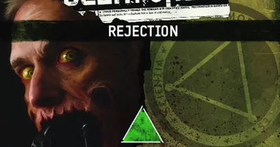 Man with yellow eyes, black headband, text "REJECTION" and green triangle.