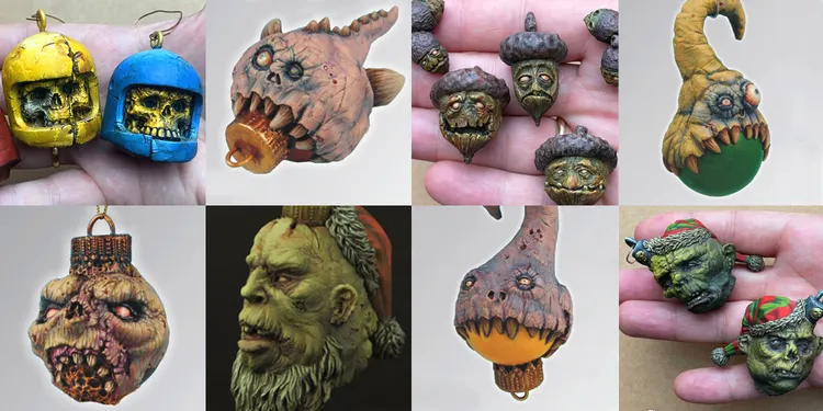 A collection of festive decorations features a variety of unique baubles, including two skull-shaped ornaments in yellow and blue helmets, and a grotesque ornament resembling a monster with a gaping mouth. Other decorations include a zombie Santa head with a red hat, and various ghoulish faces, such as a grotesque elf and a creature with an acorn cap. The ornaments are intricately detailed, showcasing a mix of vibrant and muted colors, all designed to add a whimsical yet eerie touch to a Christmas tree.