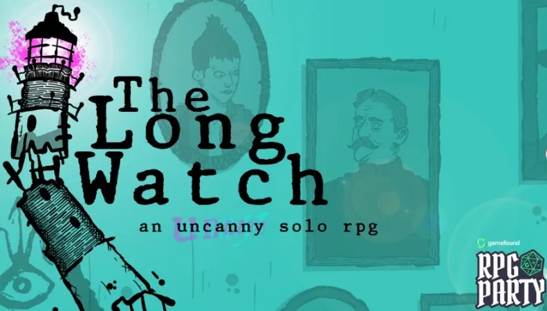 The Long Watch, an uncanny solo rpg. Two framed illustrations: one of a woman with spiked hair in a high-collared dress, the other of a man with a mustache in a dark suit. The background is a textured light teal.