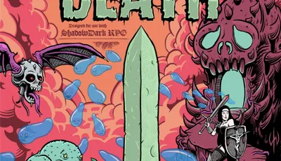 "Dungeon Death" title, sword, skull, bat, monster, shield, flames, and blue drops.