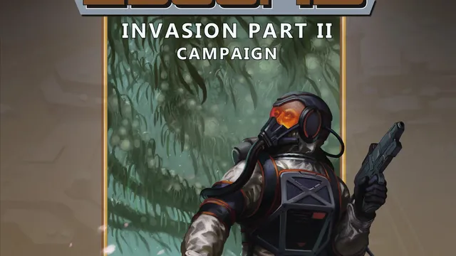 A futuristic cover illustration for "2300AD: Invasion Part II" features a humanoid figure in a high-tech spacesuit, complete with a helmet and orange-tinted visor, standing in a dense, alien environment filled with green foliage. The character is holding a weapon and appears to be surveying the surroundings, suggesting a sense of tension or readiness. The title "2300AD" is prominently displayed at the top, with "INVASION PART II" and "CAMPAIGN" below it, set against a contrasting background that enhances the sci-fi theme.