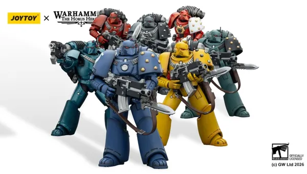 A group of eight tactical space marine action figures stands prominently, showcasing a variety of colors and chapter insignias. The marines are depicted in their original mark of armor, with detailed features and gear, including bolt guns and backpacks. The figures represent popular Warhammer 40k chapters such as the Imperial Fists, Ultramarines, Blood Angels, and Space Wolves, alongside traitorous factions like the Sons of Horus and Alpha Legion.