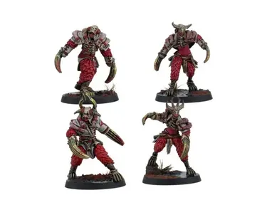 Four miniatures are displayed, each featuring a distinct design with a combination of red and gray colors. The figures have exaggerated, muscular forms, with claw-like hands and various armor pieces, suggesting a fierce and aggressive appearance. They stand on black bases, with some having additional details like bone or horn accents, emphasizing their menacing and otherworldly nature.
