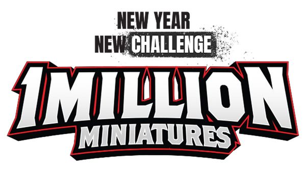 The image features bold, stylized text that reads "MILLION MINIATURES" prominently in the center, with a dynamic design that includes sharp edges and a black and red color scheme. Above this, the phrases "NEW YEAR" and "NEW CHALLENGE" are displayed in a smaller font, emphasizing a fresh start or initiative. The overall design conveys excitement and energy, suitable for a gaming or hobby context.