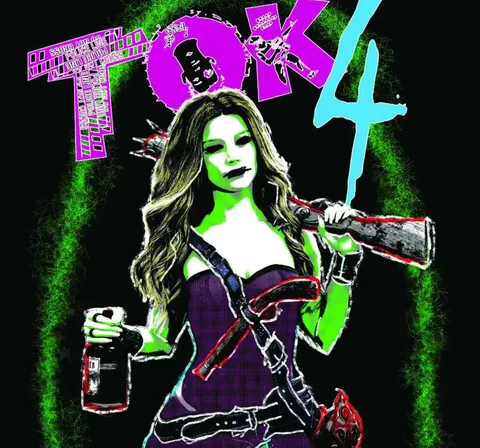 A stylized character with long hair, purple top, and green cybernetic arm holding a large gun. Background features glowing green text with "TOK 4" in large pink and cyan letters. Smaller text includes "Vast Grimm" and "Cybernetic." Character holds a can in left hand.