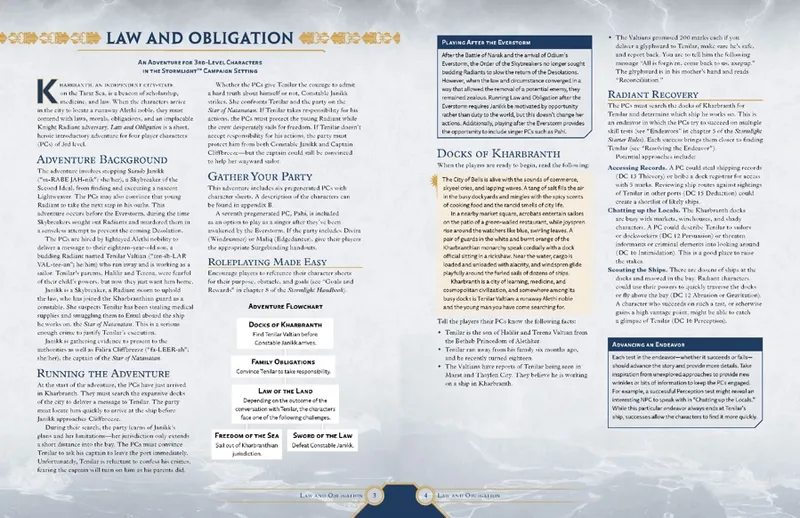 Two pages of RPG text with headings, subheadings, and a flowchart.