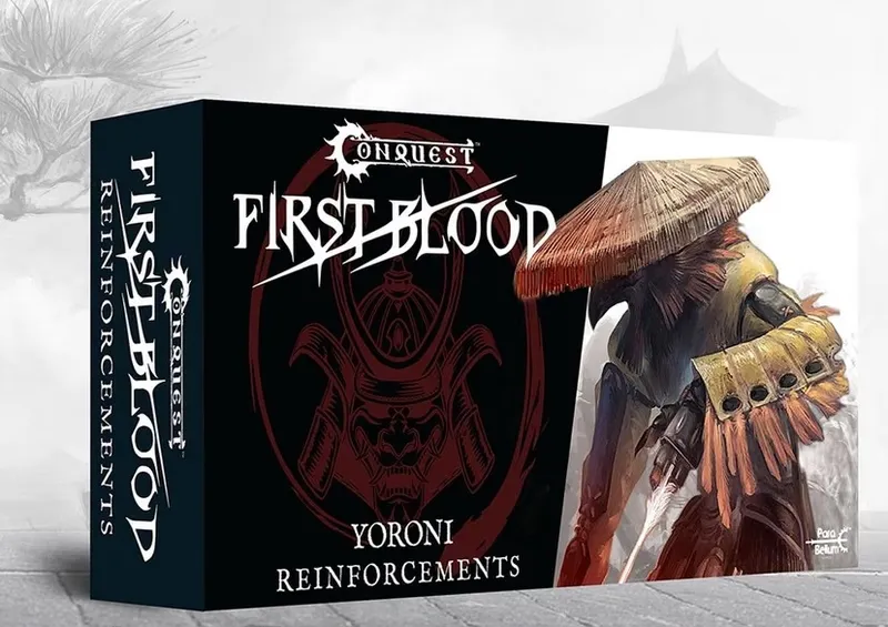 "Conquest First Blood Yoroni Reinforcements" book cover with armored figure in straw hat.