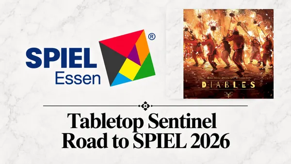 Geometric logo with blue "SPIEL Essen" text and multicolored triangular pattern. Below, text reads "Road to SPIEL 2026." Right side shows booklet cover with fiery scene: silhouetted devil figures, torches, and text "DIABLES."