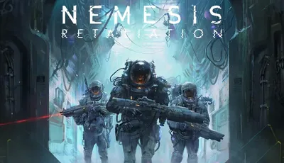Three figures in futuristic space suits and helmets walk through a dimly lit, industrial corridor with exposed pipes and wiring. Each holds a large firearm. The central figure is slightly ahead, aiming their weapon forward. A red laser sight is visible. The background features a large archway with glowing blue and purple lighting. Above them, the text "NEMESIS RETALIATION" is prominently displayed in white capital letters. In the bottom right corner, the Awaken Realms logo is visible.