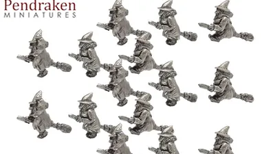 Sixteen metallic miniature witch figures flying on broomsticks in three distinct poses. Text at top reads "Pendraken Miniatures" and "Warband." Bottom text reads "FAN-MON41 - Witches, flying."