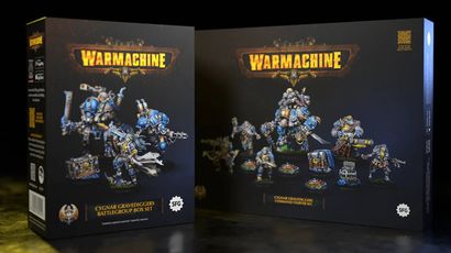 The image features two box sets from Steamforged Games for the Cygnar faction in the Warmachine tabletop game. On the left, the "Cygnar Gravediggers Battlegroup Box Set" showcases a warcaster and two warjacks, with vibrant blue and metallic details on the miniatures. On the right, the "Cygnar Gravediggers Command Starter" includes a more diverse array of models, featuring a heavy warjack, a three-model unit, and a character solo, all set against a dark background that highlights the colorful packaging and intricate designs.