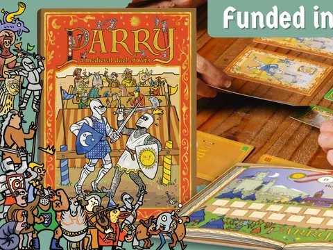 "Parry: a medieval duel of wits" game box with cartoon knights dueling.