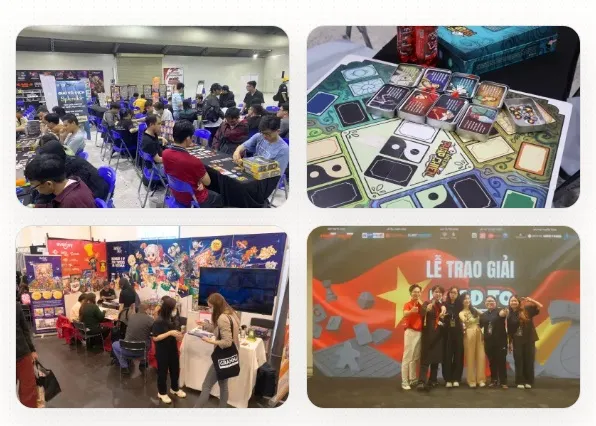Top left: People playing board games at tables in a bright room.
Top right: Colorful board game cards and boxes spread on a table.
Bottom left: Attendees at a booth with a large colorful banner.
Bottom right: Group posing with a red flag and text "LÊ TRẦN".