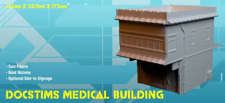 A two-story building designed for tabletop gaming, featuring a detailed facade with a roof overhang and an accessible roof area. The structure includes optional slot-in signage for customization. The dimensions are 144mm x 263mm x 172mm, showcasing a cyberpunk aesthetic suitable for 28mm-35mm scale miniatures.