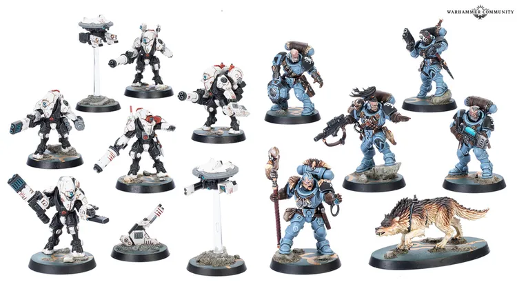 A collection of detailed miniatures from the Warhammer 40,000 universe features a mix of Tau and Space Marine models. The Tau figures are predominantly white and black, showcasing advanced technology with various weapons and drones, while the Space Marines are clad in blue armor, equipped with firearms and melee weapons. The scene includes a variety of poses and accessories, set on textured bases that enhance the overall dynamic appearance of the miniatures.