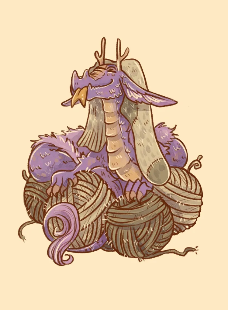 A small, whimsical dragon with purple scales and fluffy features is nestled among several large balls of yarn. The dragon has a content expression, with its eyes closed and a relaxed posture, as it rests atop the yarn. Its long, curled tail and prominent horns add to its charming appearance, set against a soft, light background.