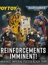 Four Warhammer 40,000 action figures: yellow, blue, and two black-armored. Text: "JOYTOY WARHAMMER 40,000 REINFORCEMENTS IMMINENT! ULTRAMARINES, IMPERIAL FISTS &