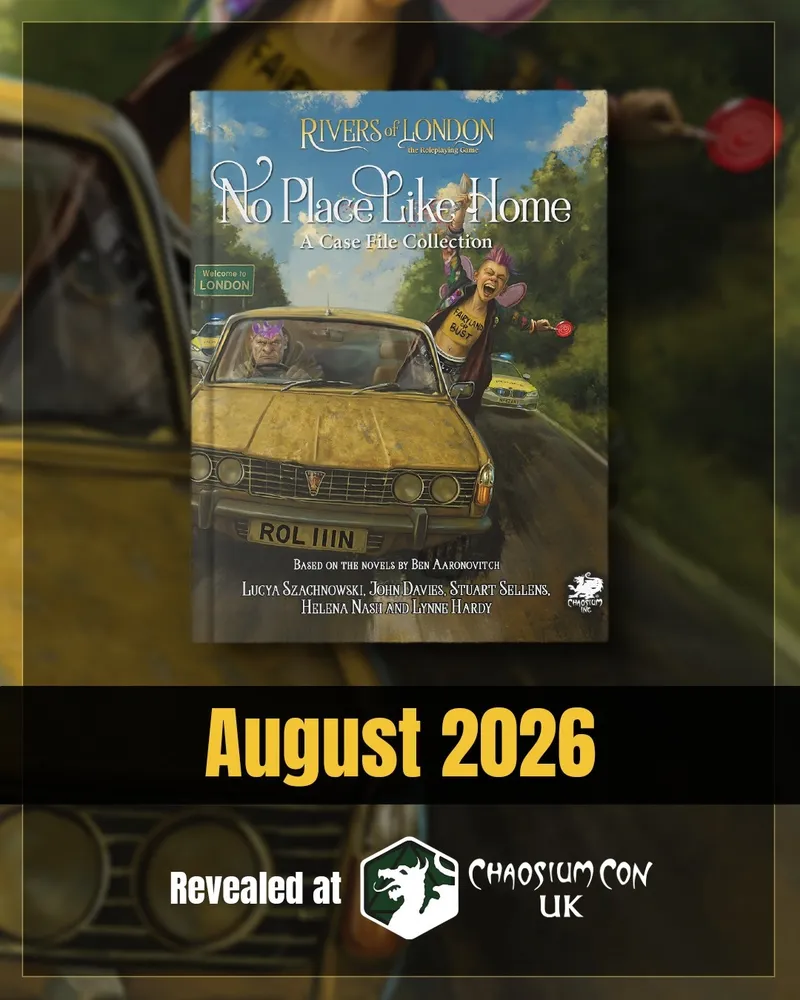 A yellow car with a distinctive front grille and the license plate "ROLL111" is parked on a street, with a blurred background suggesting a cityscape. The book cover titled "No Place Like Home: A Case File Collection" is prominently displayed, featuring whimsical characters and a vibrant atmosphere. Below the image, the text indicates a release date of August 2026 and notes that it was revealed at Chaosium Con UK.