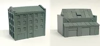 A detailed model of an industrial building designed for 6mm scale wargames, featuring a textured brick facade and multiple windows. The structure has a flat roof with visible paneling and a large door on the front, along with smaller doors and windows on the sides. The model is cast in a gray resin, showcasing its intricate design suitable for historical or modern warfare settings.