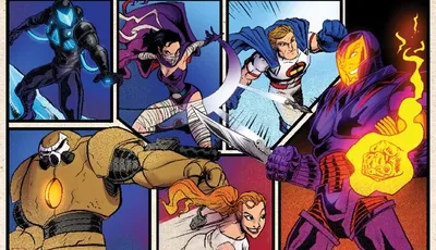 A colorful comic-style illustration features a group of six characters from the game "Sentinels of the Multiverse." The characters are depicted in dynamic poses, showcasing a mix of heroes and villains, with vibrant colors highlighting their unique costumes and powers. The title "SENTINELS of the Multiverse" is prominently displayed at the top, along with the subtitle "THE CLASSIC COMIC BOOK CARD GAME," emphasizing the game's comic book roots.
