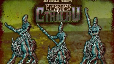 Humanoid aliens with spears riding horned, alien horses