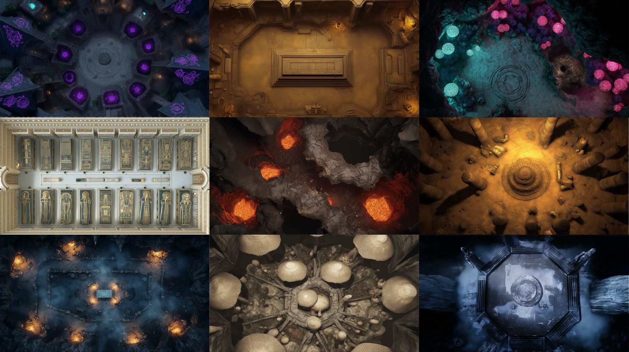 A collection of six detailed battle maps showcases various subterranean themes. The top left features a circular chamber with glowing purple elements, while the top right displays a grand, empty room with a central altar. The bottom left presents a long hall lined with sarcophagi, and the bottom right depicts a cavern filled with large mushrooms. The center bottom map reveals a dark underground area with scattered light sources, and the center right shows a rocky landscape with glowing lava pools. Each map is designed for tabletop RPGs and virtual tabletops.