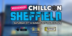 A vibrant promotional graphic for CHILLCON, a family-friendly tabletop gaming convention in Sheffield. The text prominently features "WEEKENDER CHILLCON SHEFFIELD" in bold, blue letters, with the dates "SATURDAY 21st & SUNDAY 22nd MARCH 2026" below. Logos of major sponsors, including Colour Forge and The Lion's Tower Print Paint Play, are displayed at the bottom, enhancing the event's appeal.