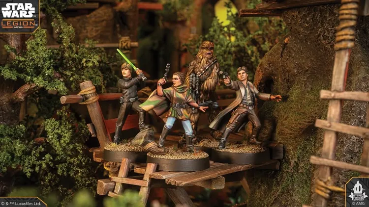 A group of four detailed miniatures from the Star Wars franchise stands on a wooden platform surrounded by lush greenery. The characters include a young man wielding a green lightsaber, a woman holding a blaster, and a figure resembling Chewbacca, alongside another character in a brown coat. The scene is set in a vibrant, natural environment, enhancing the adventurous theme of the miniatures.
