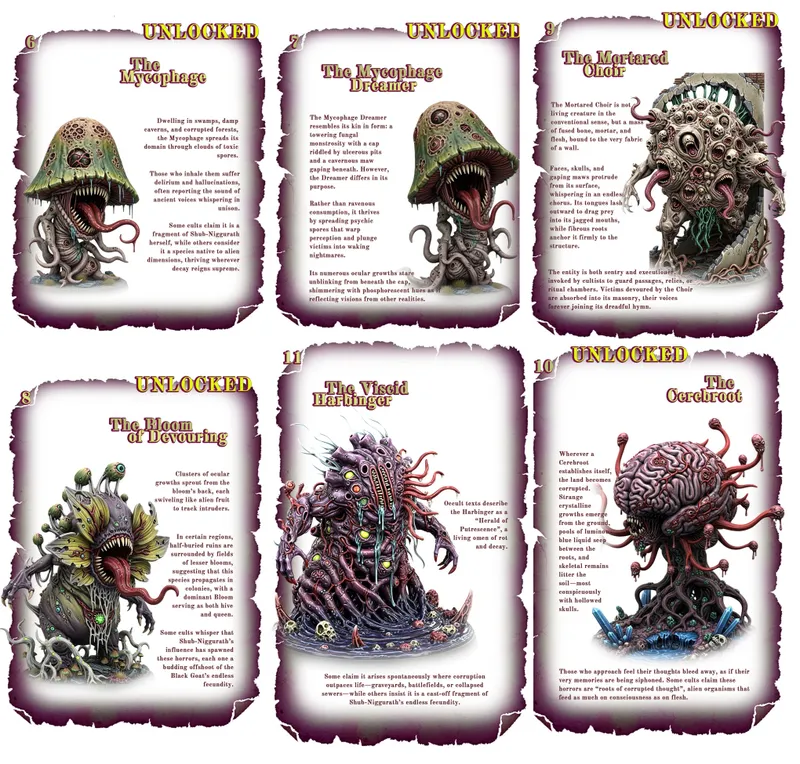 Six characterful and disturbing monster illustrations are displayed, each accompanied by a brief description. The top row features "The Mycophage," a creature resembling a mushroom with tentacles, and "The Mycophage Dreamer," which has a bulbous head and a gaping maw. The bottom row includes "The Bloom of Devouring," a grotesque plant-like entity, "The Viscid Harbinger," with multiple appendages, and "The Coralfroot," characterized by a brain-like structure and tendrils. Each illustration is labeled "UNLOCKED," indicating they are part of the Kickstarter campaign for the "Bestiary of the Forbidden."