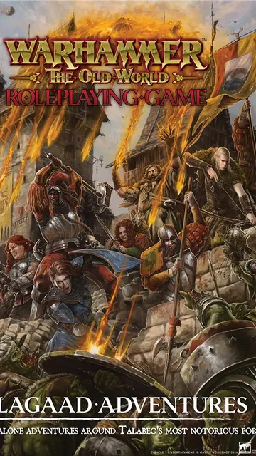 Warhammer: The Old World logo at the top in ornate gold and red lettering. Beneath it, the words “Roleplaying Game” in red capital letters. A fantasy battle scene shows a group of armored warriors and adventurers charging forward. Some wear plate armor, others leather or chainmail, and they carry swords, axes, shields, and spears. One figure in the foreground wields a flaming torch. A woman with red hair and a green cloak raises a sword. Several banners with gold trim and heraldic designs wave above them. In the background, a stone building with arched windows and a tower stands against a cloudy sky. At the bottom, the words “Talagaad Adventures” in white capital letters.