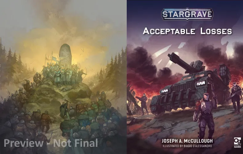 A split image features two distinct illustrations for upcoming wargames from Osprey Games. On the left, a group of warriors stands atop a rocky outcrop, surrounded by a misty landscape, suggesting a scene of celebration or tribute. On the right, the cover of "Stargrave: Acceptable Losses" showcases a futuristic setting with a heavily armored vehicle and a character in combat gear, set against a backdrop of action and chaos. The title and author are prominently displayed at the bottom of the right side.