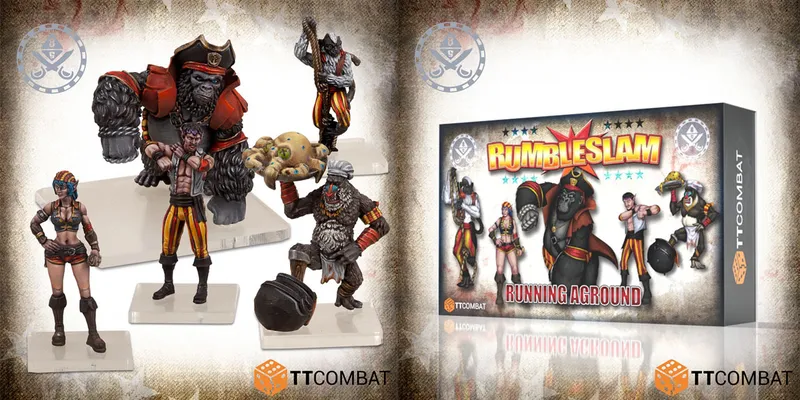 A group of new miniatures from TT Combat features the "Running Aground" tag team for Rumbleslam, showcasing a variety of characters. Prominent figures include a large, muscular ape dressed as a pirate, a smaller character holding a skull, and a rigging monkey, all adorned in colorful striped pants. The packaging for the team is visible on the right, displaying the title "RUMBLESLAM" along with illustrations of the characters.