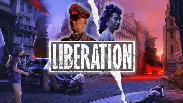 A dramatic illustration depicts a divided scene representing the conflict between Nazi occupiers and the French Resistance in Paris. On the left, a stern Nazi officer in a military uniform stands prominently, while on the right, a woman with dark hair and a determined expression symbolizes the Resistance. The background features a chaotic urban landscape with smoke and flames, and the word "LIBERATION" is boldly displayed across the center, emphasizing the game's theme.