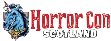 A stylized logo features a blue unicorn with a fierce expression, showcasing sharp teeth and a prominent horn. The unicorn is adorned with a golden collar and is set against a shield-like background. The text "Horror Scotland" is prominently displayed in bold, red letters, with a distressed texture, emphasizing the event's horror theme.