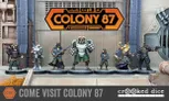 A lineup of six detailed miniatures from the game "Colony 87," set against a backdrop of industrial-style walls. The figures include anthropomorphic animals and a humanoid character, each dressed in unique outfits and holding various weapons. The title "COLONY 87" is prominently displayed at the top, with the logo of "crooked dice" at the bottom, indicating the game's design studio.