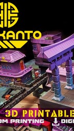 A vibrant display of cyberpunk-inspired 3D printable buildings showcases a variety of structures, including a large three-floor building with a distinctive roof and smaller mid-sized buildings with intricate details. The scene features a mix of purple and blue hues, with elements like bridges and signage enhancing the futuristic aesthetic. Prominent text at the bottom highlights the campaign's focus on FDM printing and digital STL files, emphasizing its accessibility for tabletop gaming.