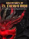 A red and black feathered mask with gold trim and black beading, set against a black background with scattered clear gemstones and water droplets. Text at the top reads: "A Savage Setting of swashbuckling and cosmic horror".