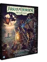 The box for "Arkham Horror: The Card Game Chapter Two" features a dramatic illustration depicting a chaotic scene in a dark, urban environment. In the foreground, several characters are engaged in a tense moment, with a figure holding a lantern and others appearing to react to a looming threat above, possibly a large creature. The background showcases a cityscape with gothic architecture, shrouded in shadows, enhancing the atmosphere of mystery and supernatural terror. The title and subtitle are prominently displayed at the top, along with details about the game.