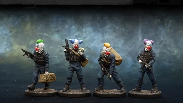 Four clown-masked figures in tactical gear holding guns, with "SPECTRE MINIATURES" text above.