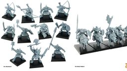A collection of ten grey plastic orc miniatures is displayed on black bases, showcasing various poses and weapons. The orcs are equipped with a mix of weapons, including bows, swords, axes, and shields, highlighting their battle-ready stance. Each figure features distinct facial expressions and armor details, emphasizing their fierce and aggressive nature.