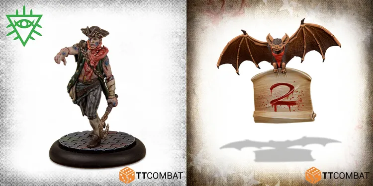 A pirate-themed miniature stands on the left, featuring a character with a bandana, a red scarf, and a weapon, set against a textured background. On the right, a small bat-like creature perches atop a sign with a blood-red mark, adding a whimsical yet eerie touch. The TTCombat logo is visible in the lower corner, indicating the source of these exclusive miniatures.