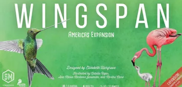 A vibrant green background features the title "WINGS PAN" prominently at the top, with "Americas Expansion" below it. To the right, a pink flamingo is depicted interacting with a smaller bird, while a long, slender bird with a dark feathered wing is shown on the left. The design credits are listed at the bottom, highlighting the creators and illustrators involved in the expansion.