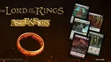 The image features several character cards from the upcoming Lord of the Rings: Ascension deckbuilding game. Prominent cards include "Samwise Gamgee," "Gandalf the Grey," "Gollum, Riddle Maker," "Legolas Greenleaf," and "Barrow-wight," each showcasing unique artwork and attributes. The background includes a stylized representation of The One Ring, with the game's title "Lord of the Rings: Ascension" displayed prominently at the top.